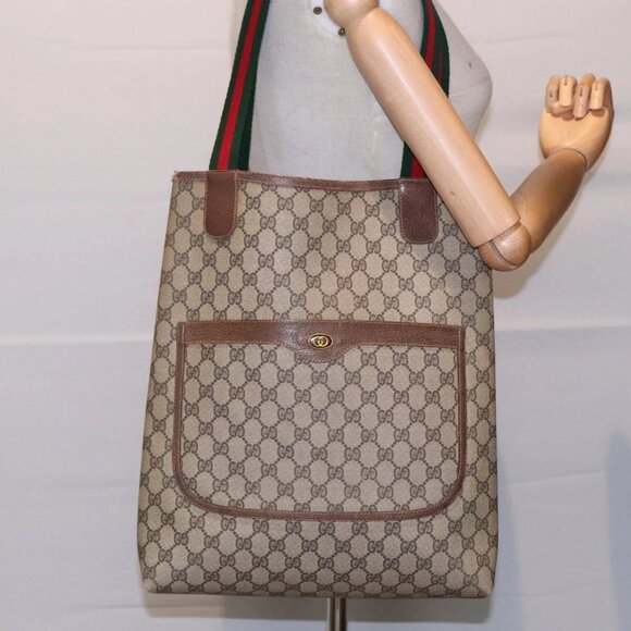 GUCCI GG Supreme Web Sherry Line Tote Bag PVC Beige 001 080 494 Auth 89539 - Picture 3 of 16